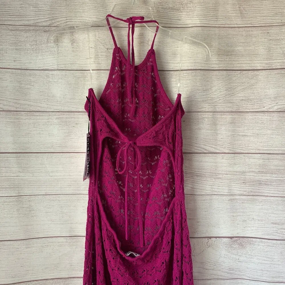 Future Collective Pink Midi Dress Halter Tie Neck Open Knit Crochet Size XL